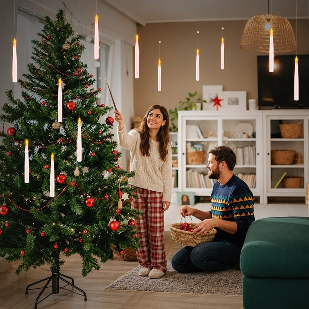 A woman pointing the wand remote at the Pomence LED Floating Candles hanging over a Christmas tree
