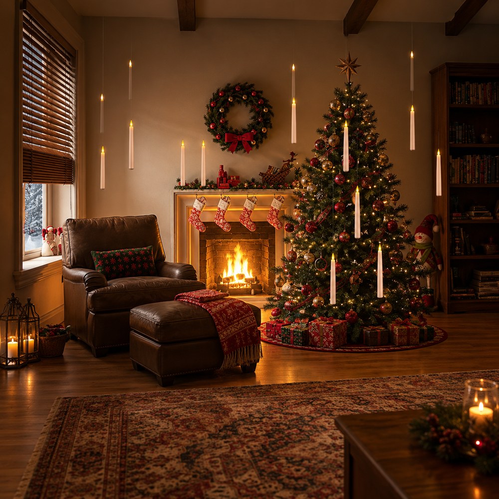 Pomence LED Floating Candles hanging over a Christmas tree and a fireplace in a cozy living room