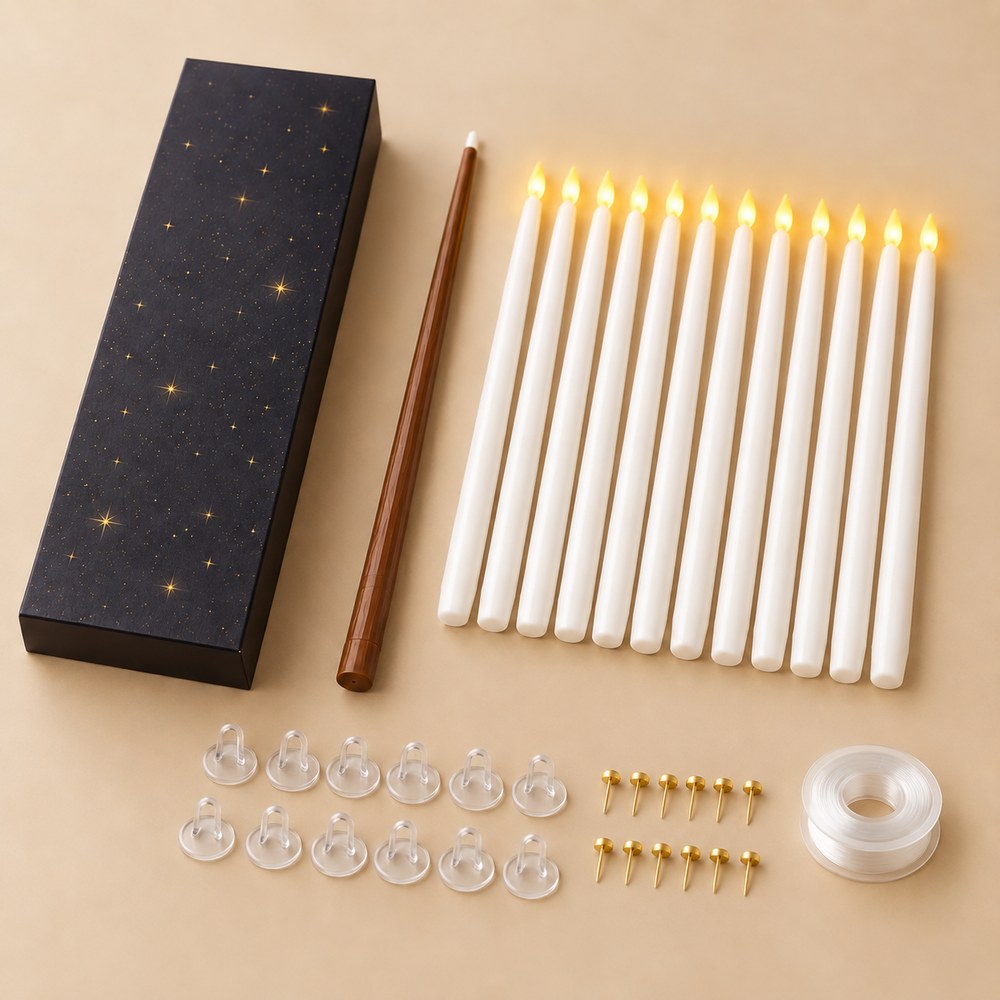 Everything in the set: 12 Pomence LED Floating Candles, the wand remote, 12 hooks, 12 pushpins and clear line