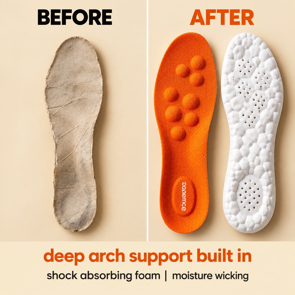 Before and after: the thin flat insole that came with a shoe beside a pair of Pomence Massage Insoles