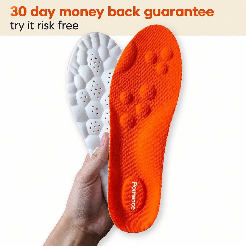 A hand holding a Pomence Massage Insole by the orange knit deck, the white foam base of its pair behind it