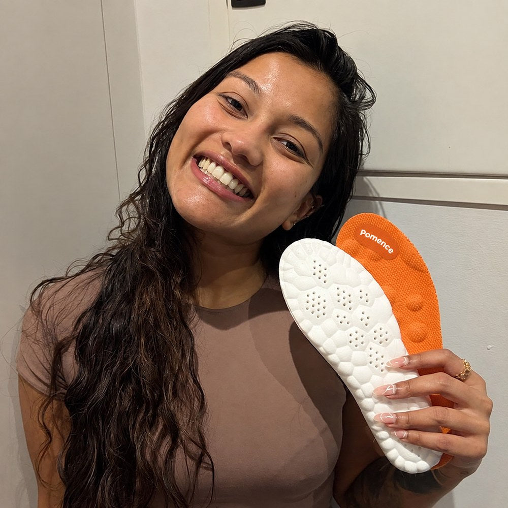 Everything in the order: a customer holding the pair, one knit deck up and one white base up