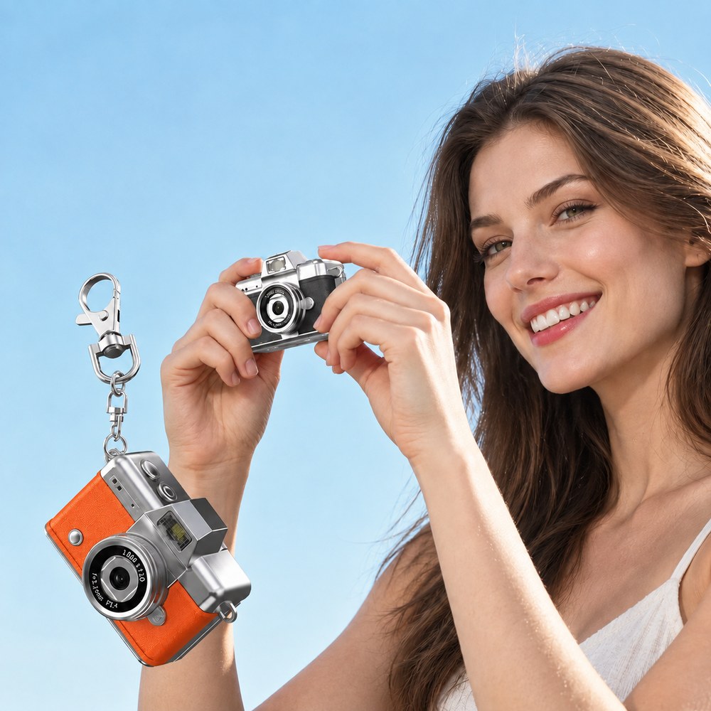 A woman taking a photo with the Pomence Mini Keychain Camera, an orange one hanging from a lobster clasp