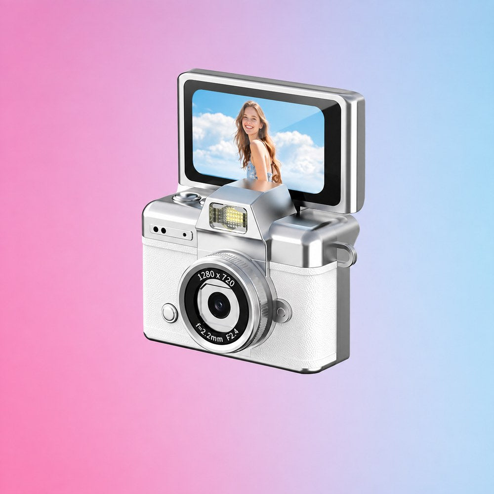 The white Pomence Mini Keychain Camera with its screen flipped up