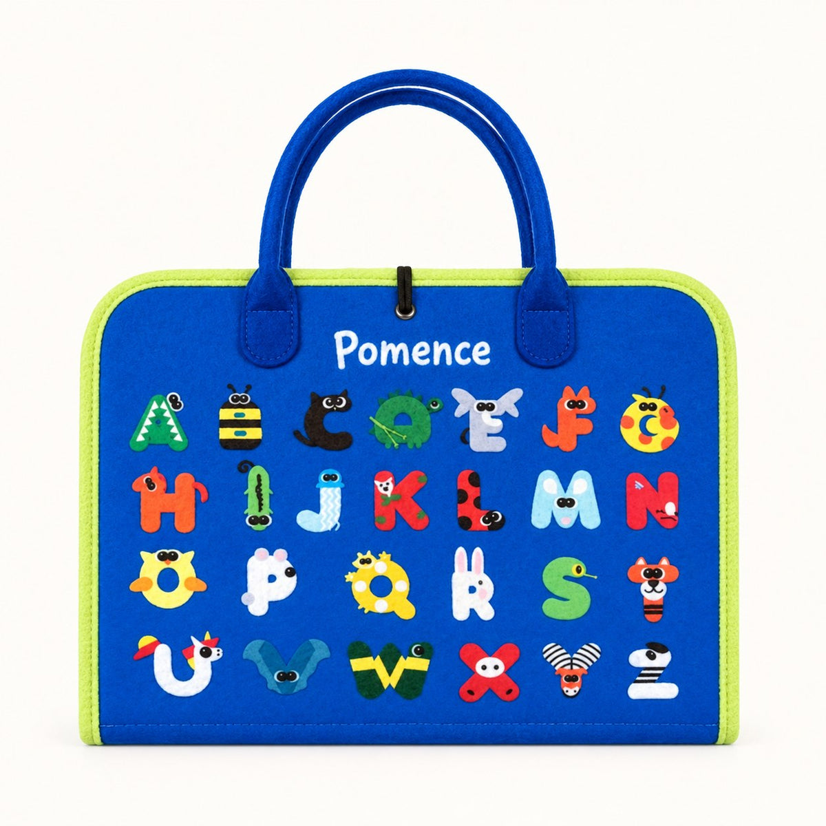 The Pomence Montessori Busy Board closed and front facing on a near-white background, its royal blue front cover printed with an animal alphabet grid, felt tab and button closure between the handles