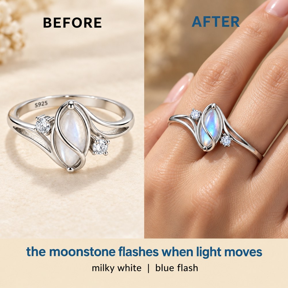 The Pomence Moonstone Ring side by side, milky white at rest on the left and flashing blue on a finger on the right
