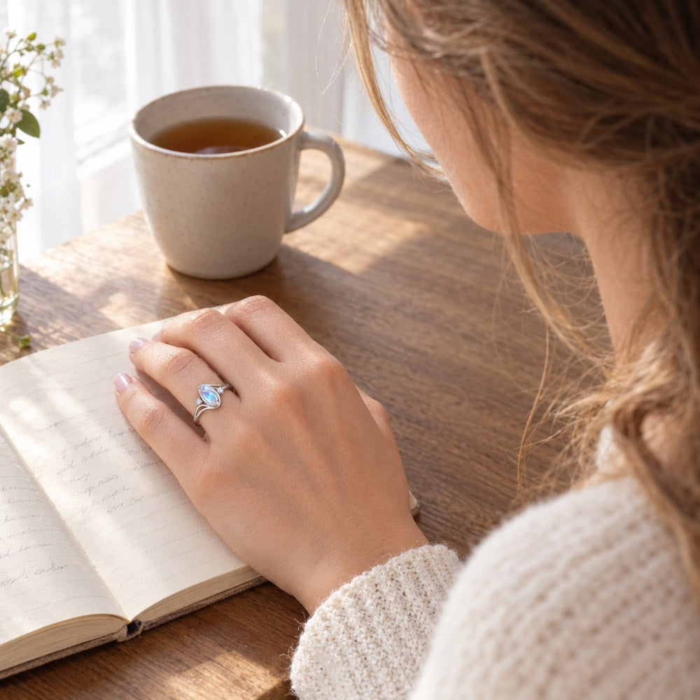 A woman at a table with an open journal and a cup of tea, wearing the Pomence Moonstone Ring