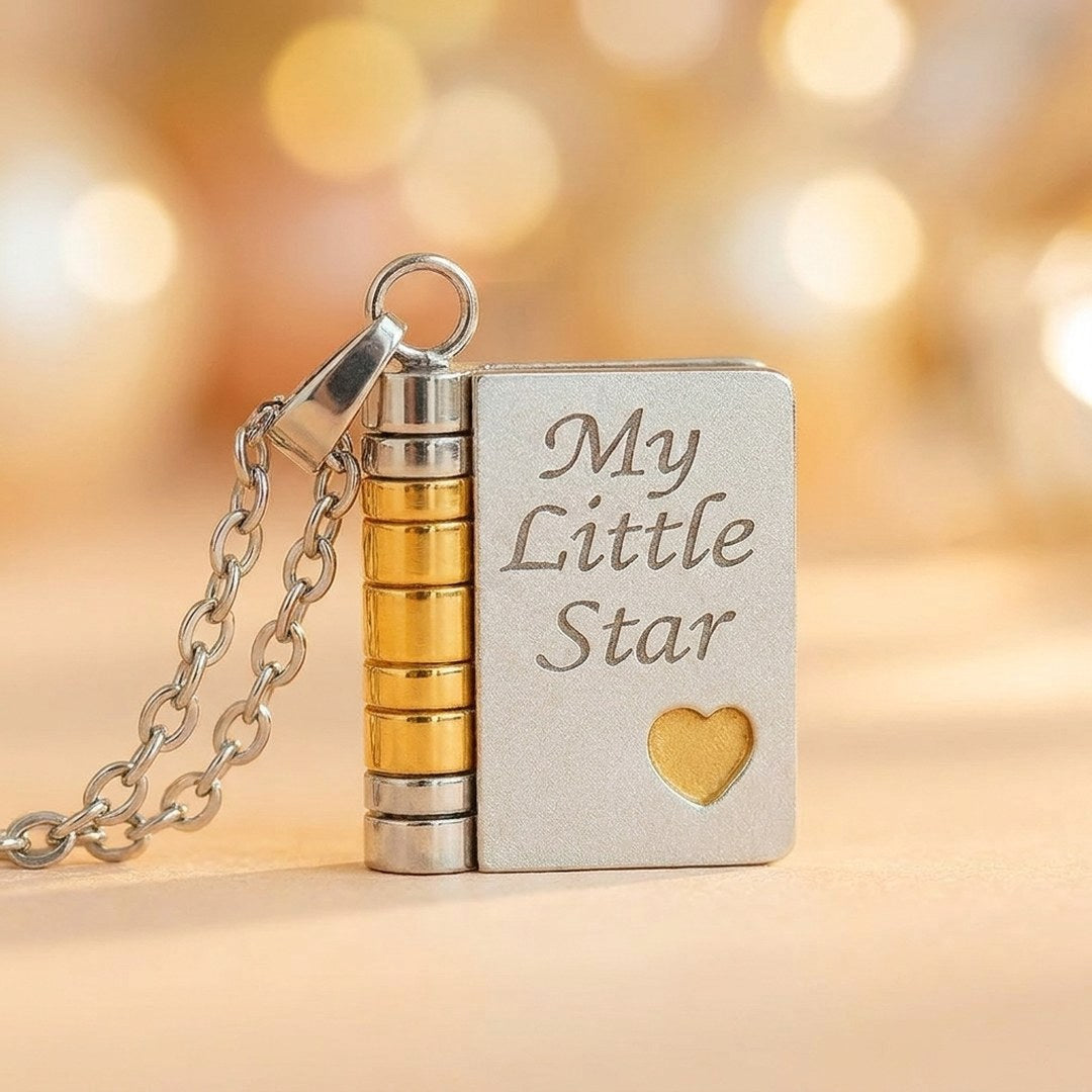 Pomence My Little Star Book Locket Necklace in Silver, the cover engraved My Little Star with a gold heart