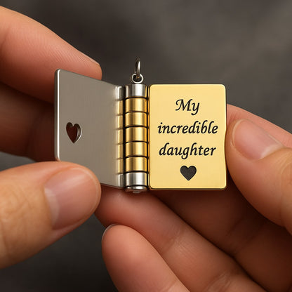 Pomence My Little Star Book Locket Necklace opened to the first page, My incredible daughter