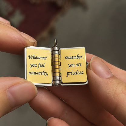 Pomence My Little Star Book Locket Necklace pages reading Whenever you feel unworthy, remember, you are priceless
