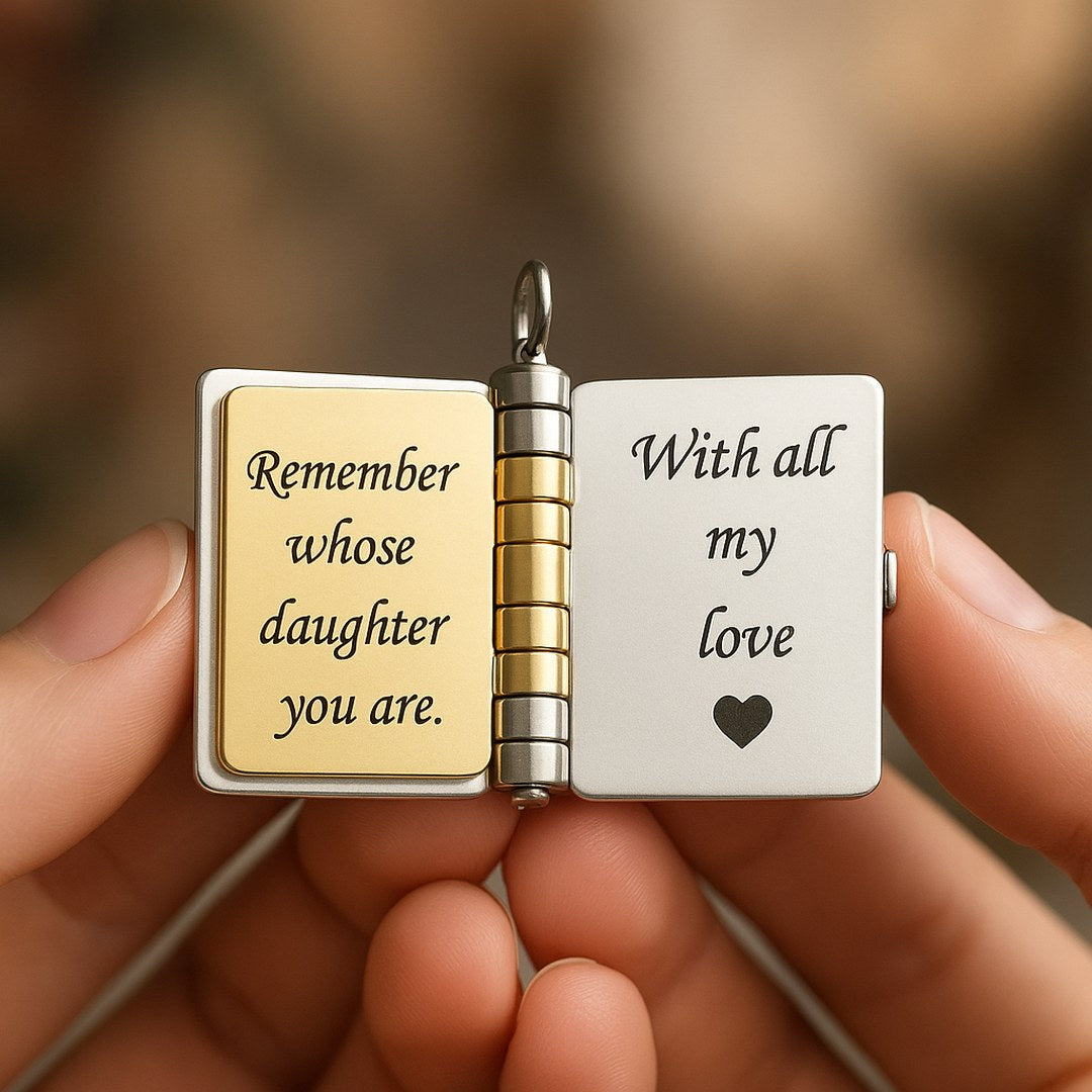 Pomence My Little Star Book Locket Necklace last pages reading Remember whose daughter you are. With all my love