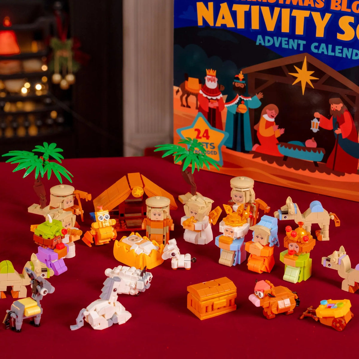 Full nativity scene detail: stable, holy family, shepherds, camels, wise men