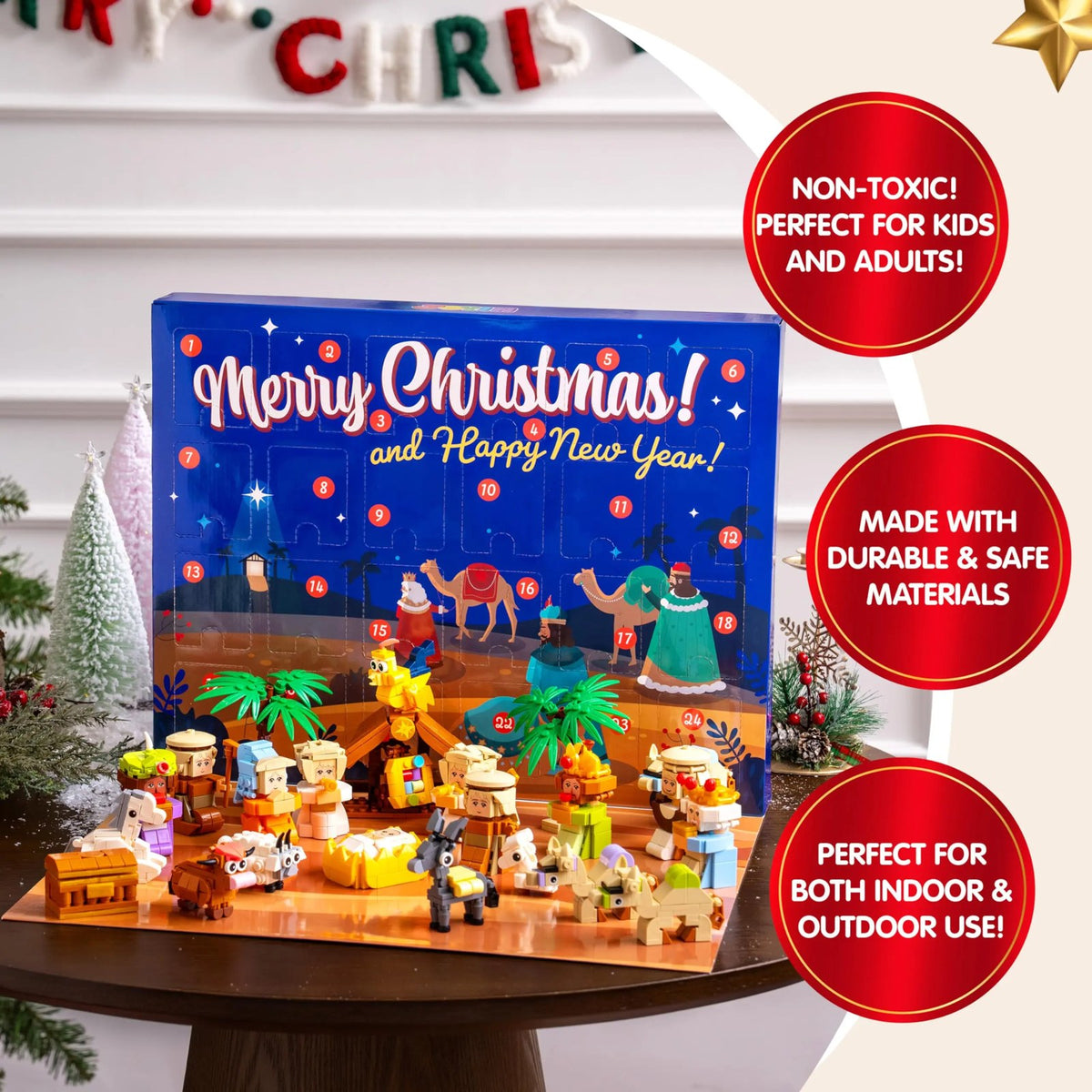 24-day countdown box, one piece added to the nativity scene each morning