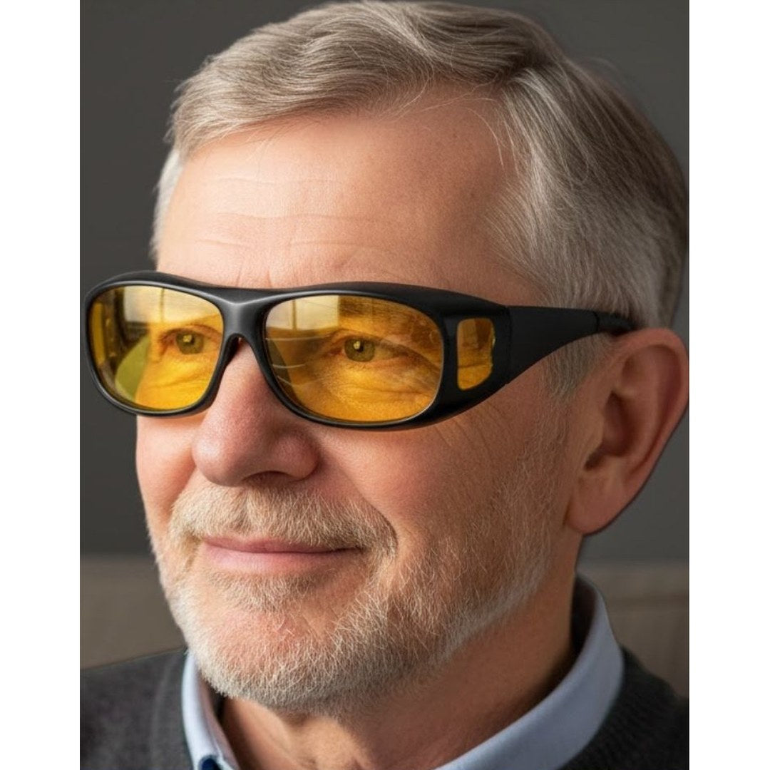Pomence Night Driving Glasses worn, yellow lenses and a side window at each temple