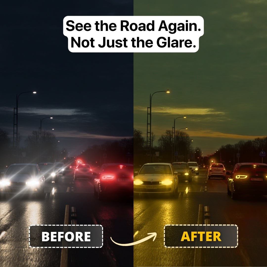 Pomence Night Driving Glasses the same night road before and after, headlight glare softened