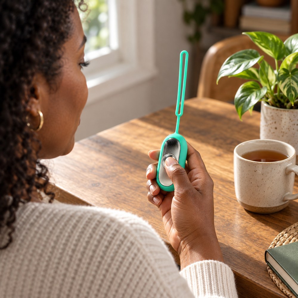 Over the shoulder: a woman at a wooden table holding the Teal Palm Calm Fidget in one hand