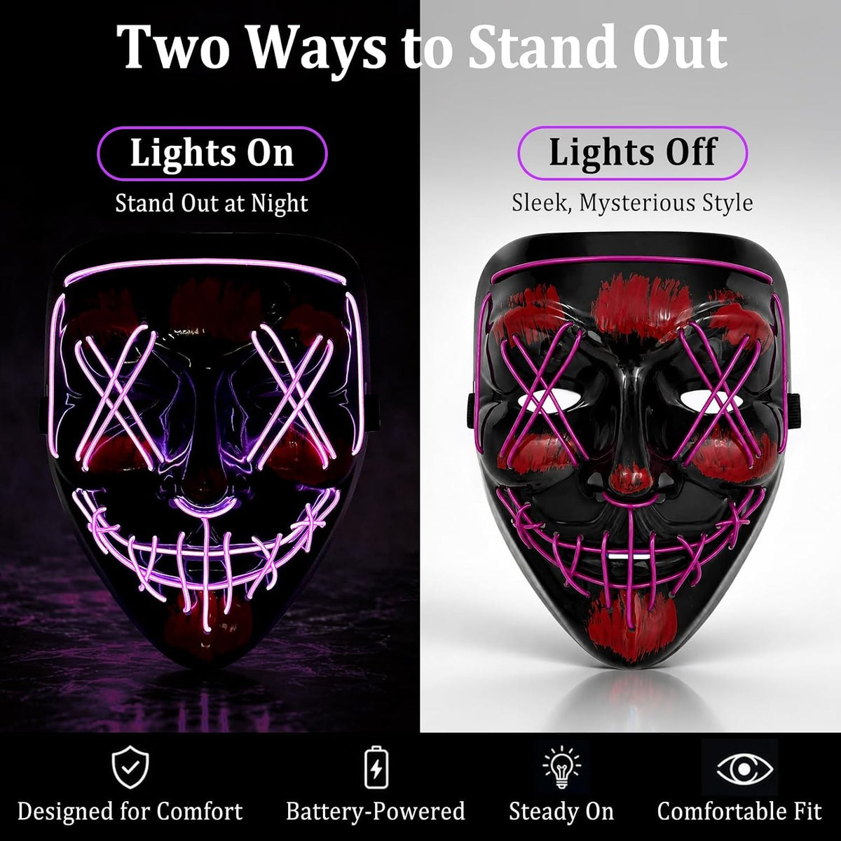 Two ways to stand out: lights on neon glow, lights off glossy black shell
