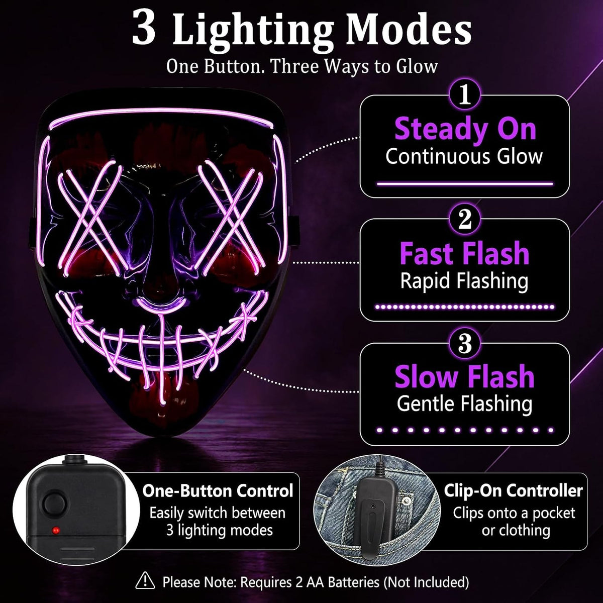 3 lighting modes: steady on, fast flash, slow flash, one-button control