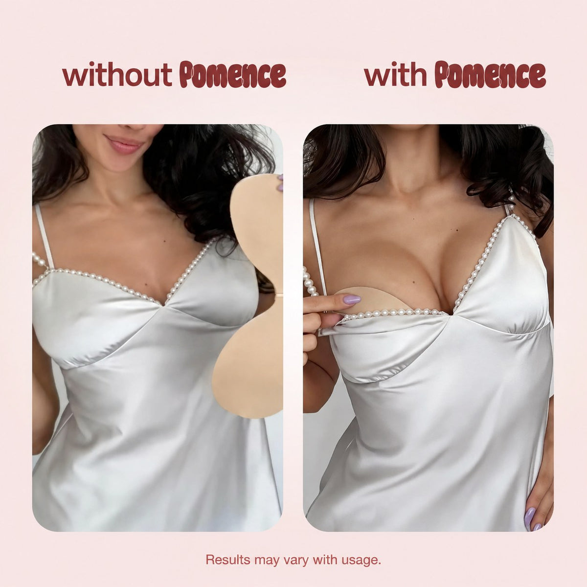 Pomence™ Push-Up Sticky Bra: before and after under a satin dress