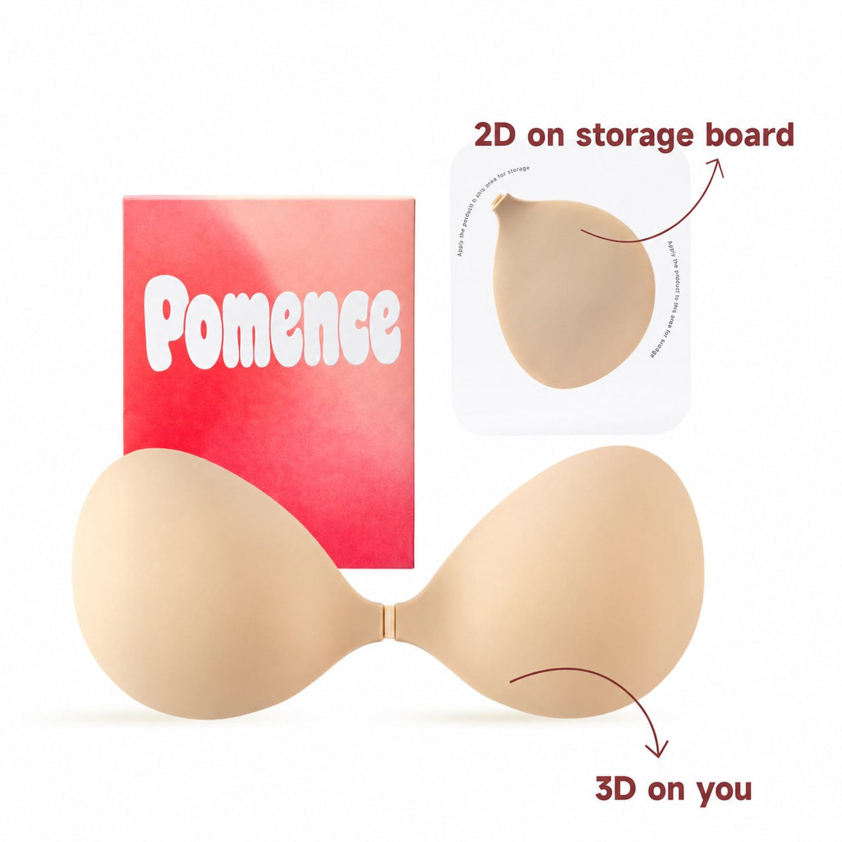 Pomence™ Push-Up Sticky Bra: flat on its storage board, shaped on the body