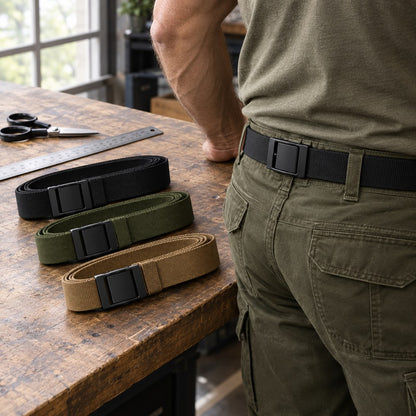 The Pomence Ratchet Tactical Belt on a workbench with all three colorways and the printed fit guide