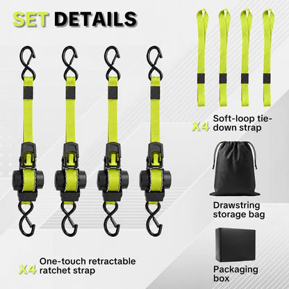 Pomence™ Retractable Ratchet Straps (4-Pack, 1 in x 11 ft). Set contents: four ratchet straps, four soft loop tie downs, bag and box