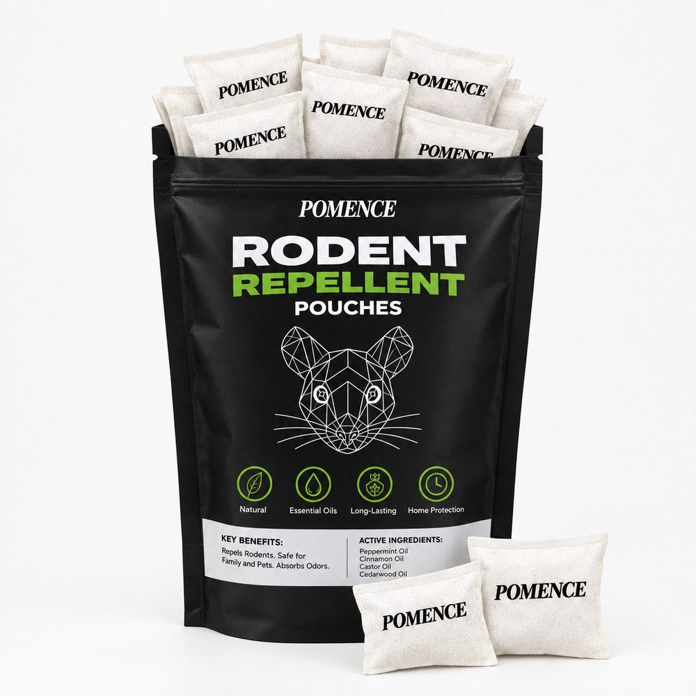 The black Pomence Rodent Repellent Pouches bag standing upright with two white sachets in front of it