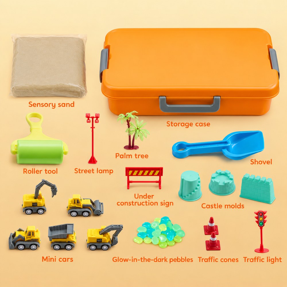 Everything in the construction theme: play sand, storage case, tools, castle molds, trucks, glow pebbles, cones and signs