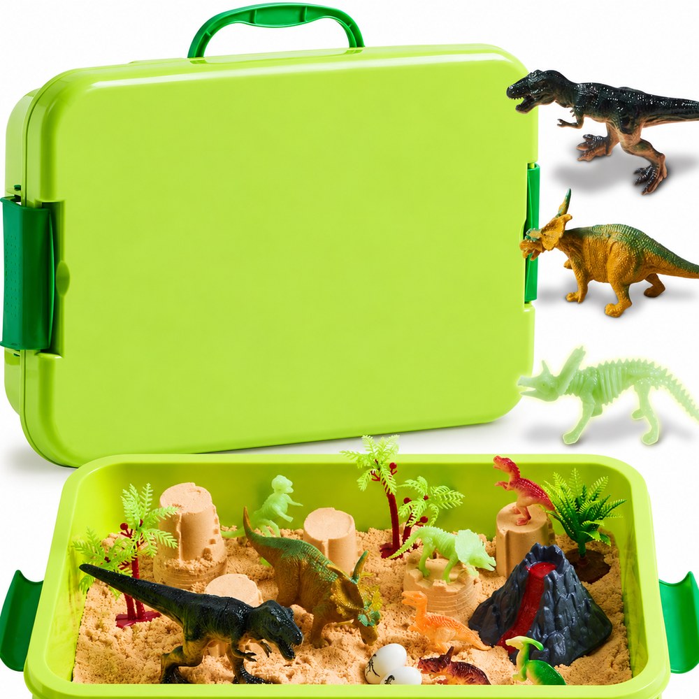 The Pomence Sensory Bin Play Set, dinosaur theme: the green bin open with dinosaurs, a volcano and sand