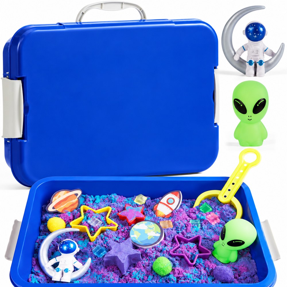 The Pomence Sensory Bin Play Set, outer space theme: the blue bin open with purple sand, planets, an astronaut and an alien