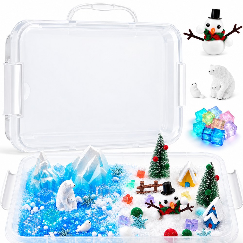 The Pomence Sensory Bin Play Set, snow theme: the clear bin open with snow filler, polar bears, a snowman and little trees