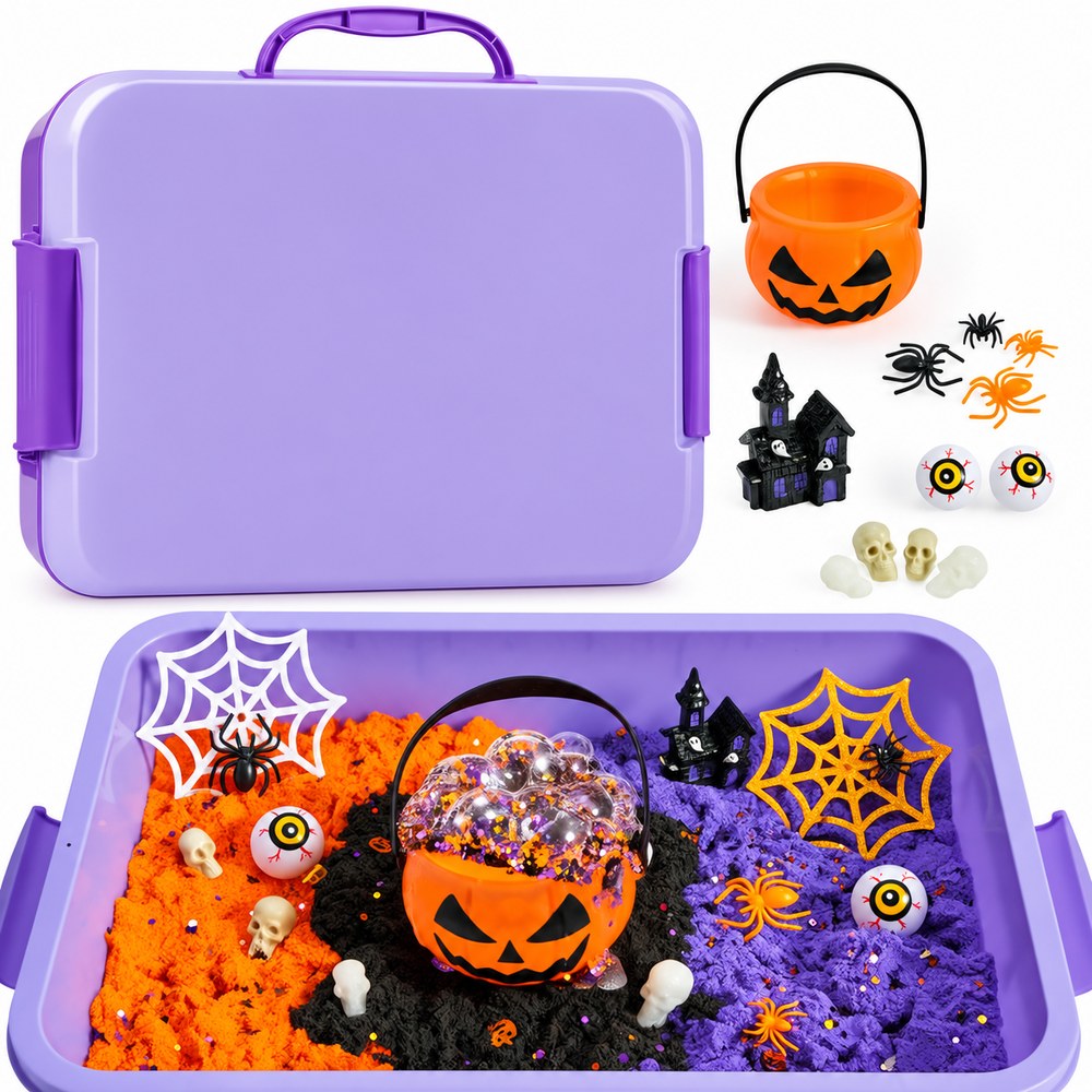 The Pomence Sensory Bin Play Set, witch's magic soup theme: the purple bin open with a pumpkin cauldron, spiders and eyeballs