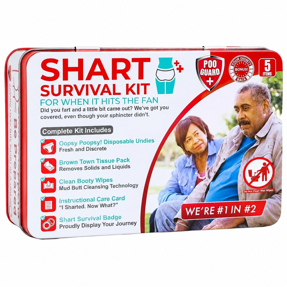 The Pomence Shart Survival Kit, the red and white metal tin with the older couple photo on the lid