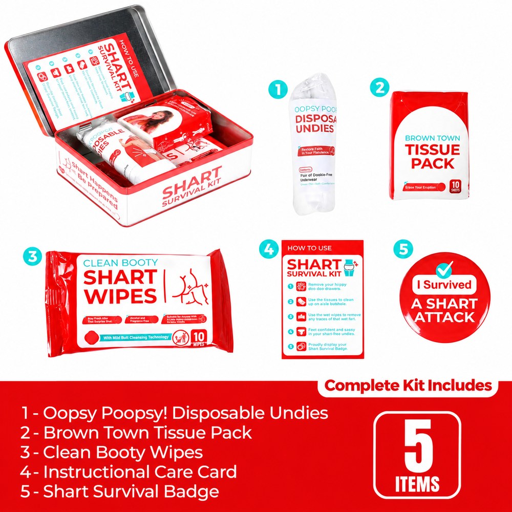Everything in the Pomence Shart Survival Kit: disposable undies, a tissue pack, wet wipes, the care card and the I Survived A Shart Attack badge