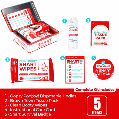 Everything in the Pomence Shart Survival Kit: disposable undies, a tissue pack, wet wipes, the care card and the I Survived A Shart Attack badge
