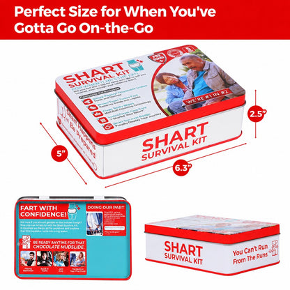 The Pomence Shart Survival Kit tin measures 6.3 x 5 x 2.5 inches, shown from the top, the back and the side