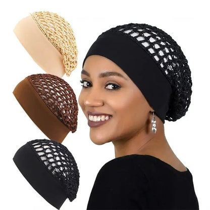 Pomence™ Stretchy Sleeping Bonnet Set (3 Pieces): the three piece set in black, khaki and coffee, with the black one worn