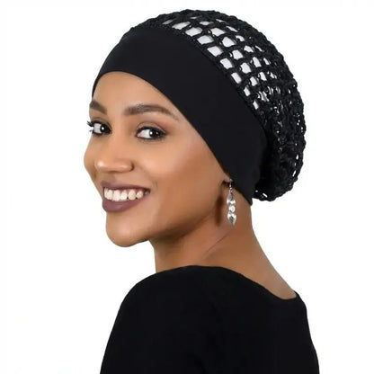 Pomence™ Stretchy Sleeping Bonnet Set (3 Pieces): the black bonnet worn, wide stretch band and open crochet crown