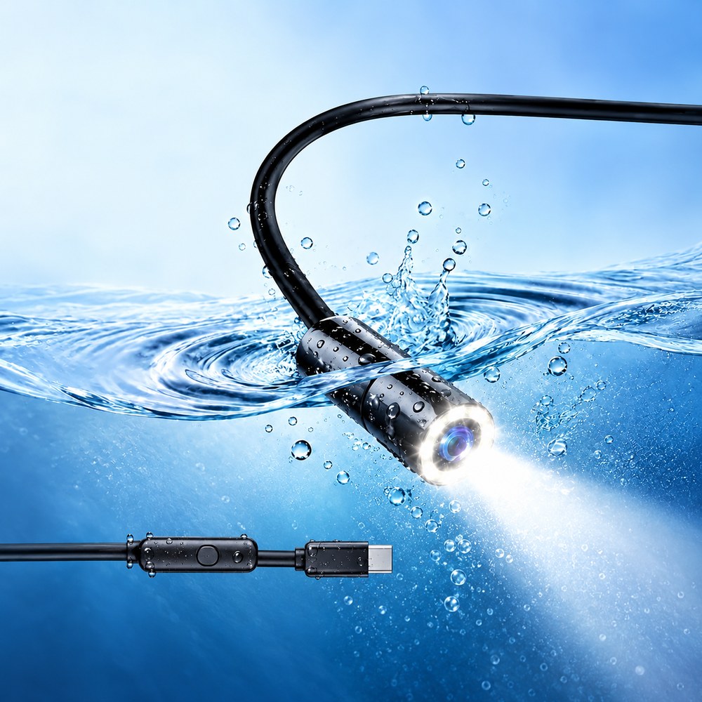 The waterproof camera tip of the Pomence Snake Inspection Camera in clear water with its LED lights on