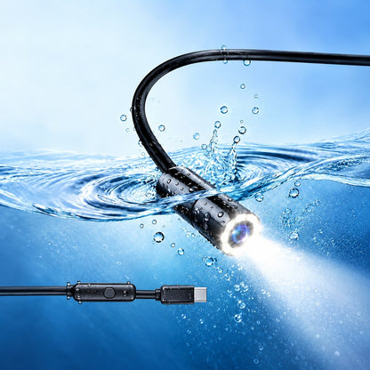 The waterproof camera tip of the Pomence Snake Inspection Camera in clear water with its LED lights on