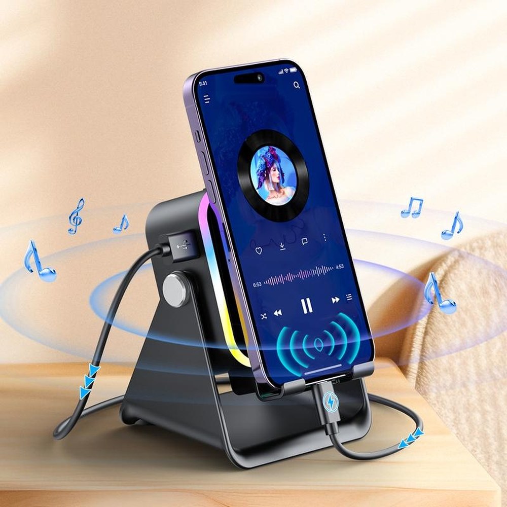 The black Pomence Speaker Phone Stand with a phone playing music on it