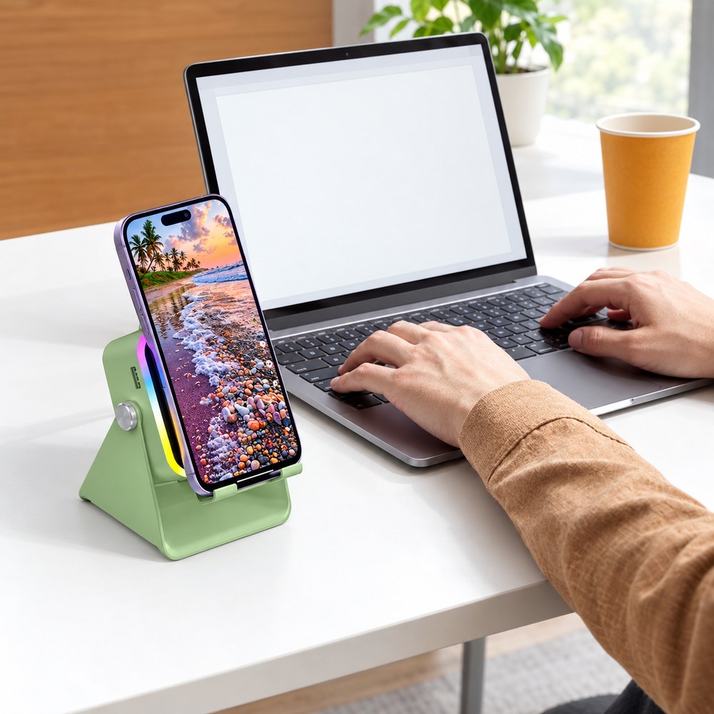The green Pomence Speaker Phone Stand holding a phone beside a laptop on a white desk