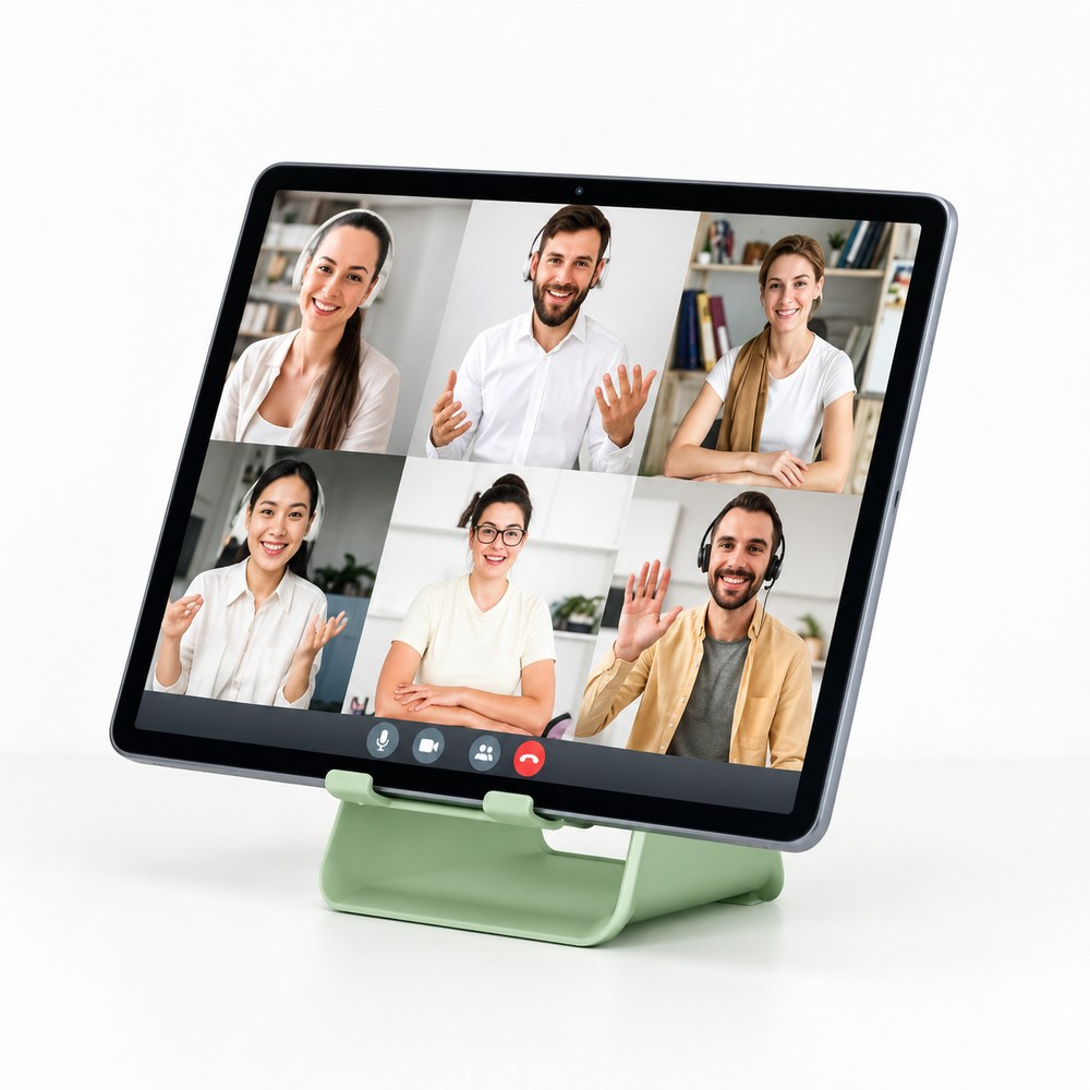 A tablet on a video call resting on the green Pomence Speaker Phone Stand