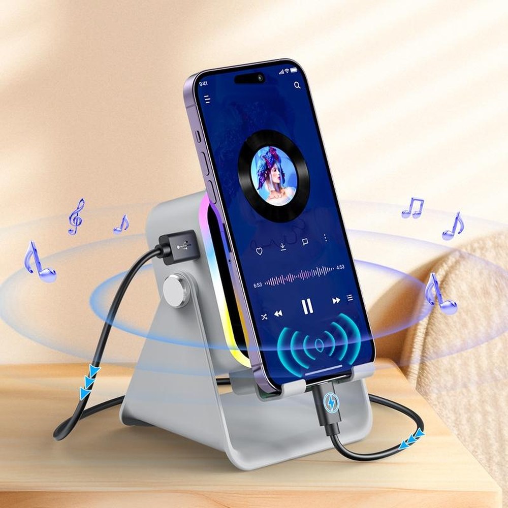 The space gray Pomence Speaker Phone Stand with a phone playing music on it