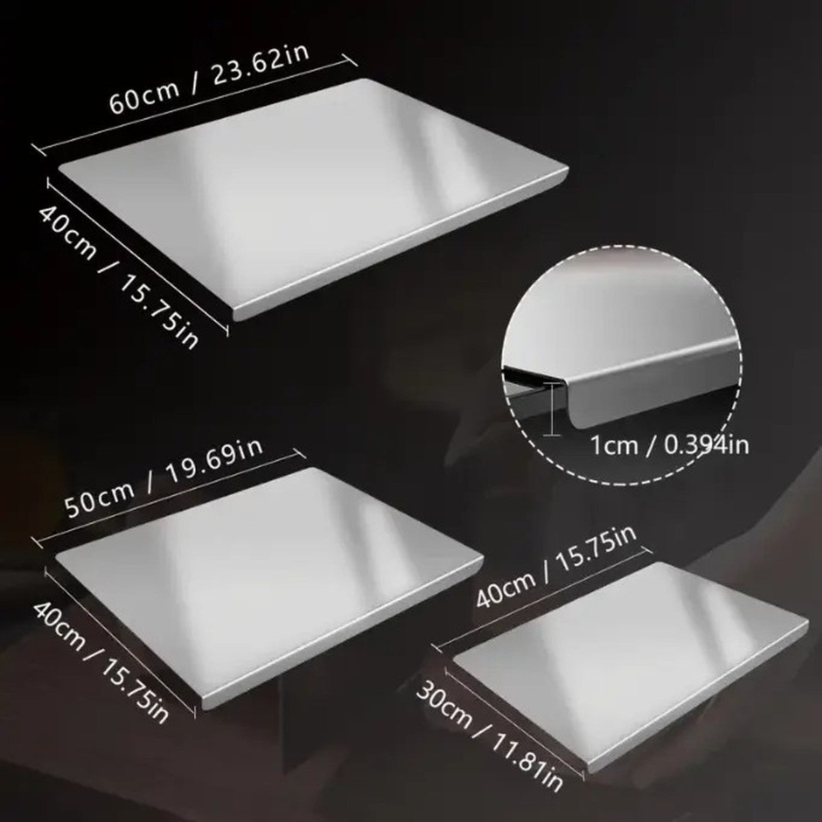 Pomence™ Stainless Steel Chopping Board. The three sizes side by side with measurements in centimetres and inches