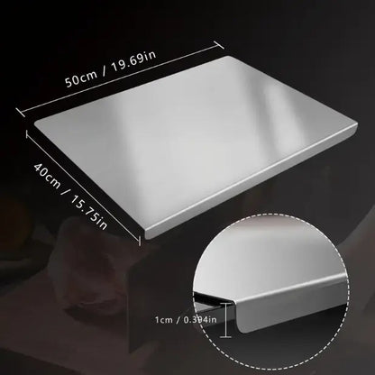 Pomence™ Stainless Steel Chopping Board. Dimension view with a close up of the 1 cm folded front lip