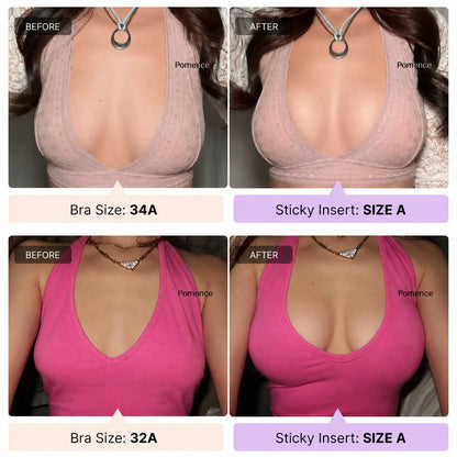 Pomence™ Instant Volume Sticky Bra Inserts. Before and after wearing a Pomence sticky bra insert under a top