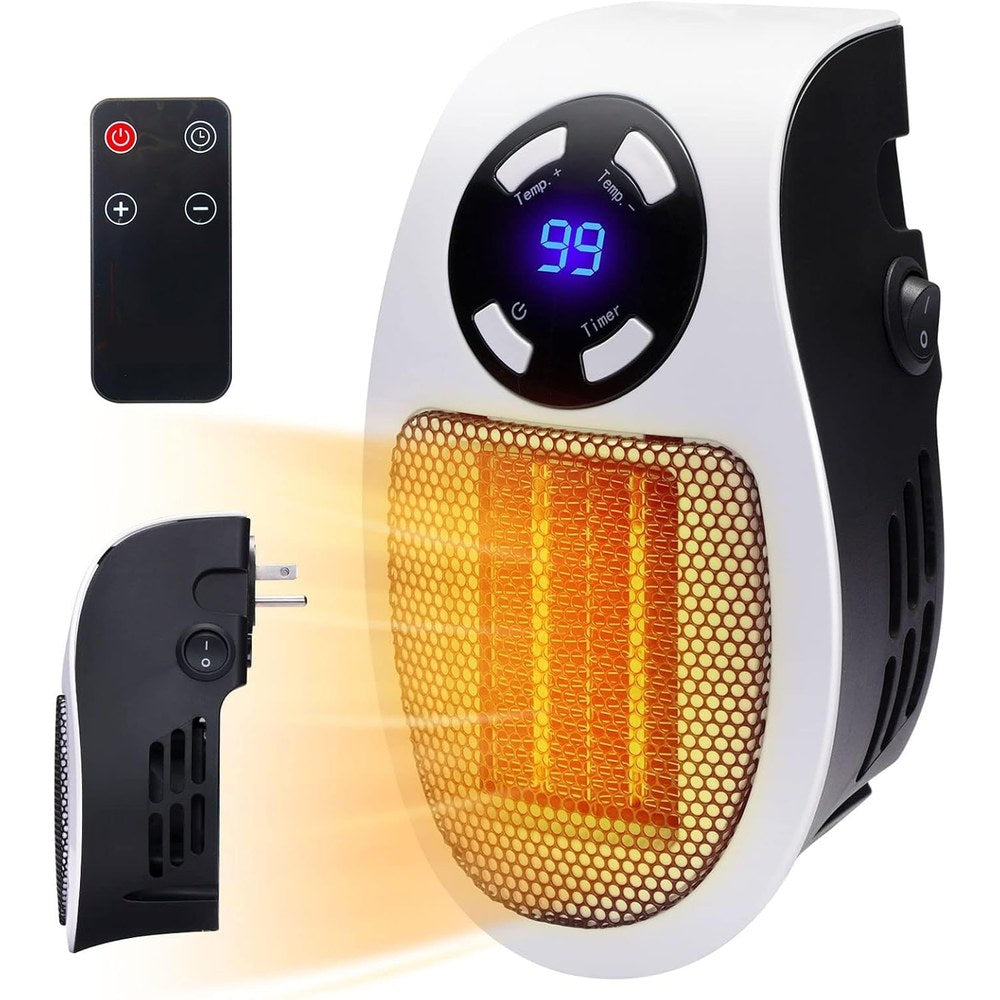 The Pomence Wall Outlet Heater with its LED display, shown from the front and the side with its remote