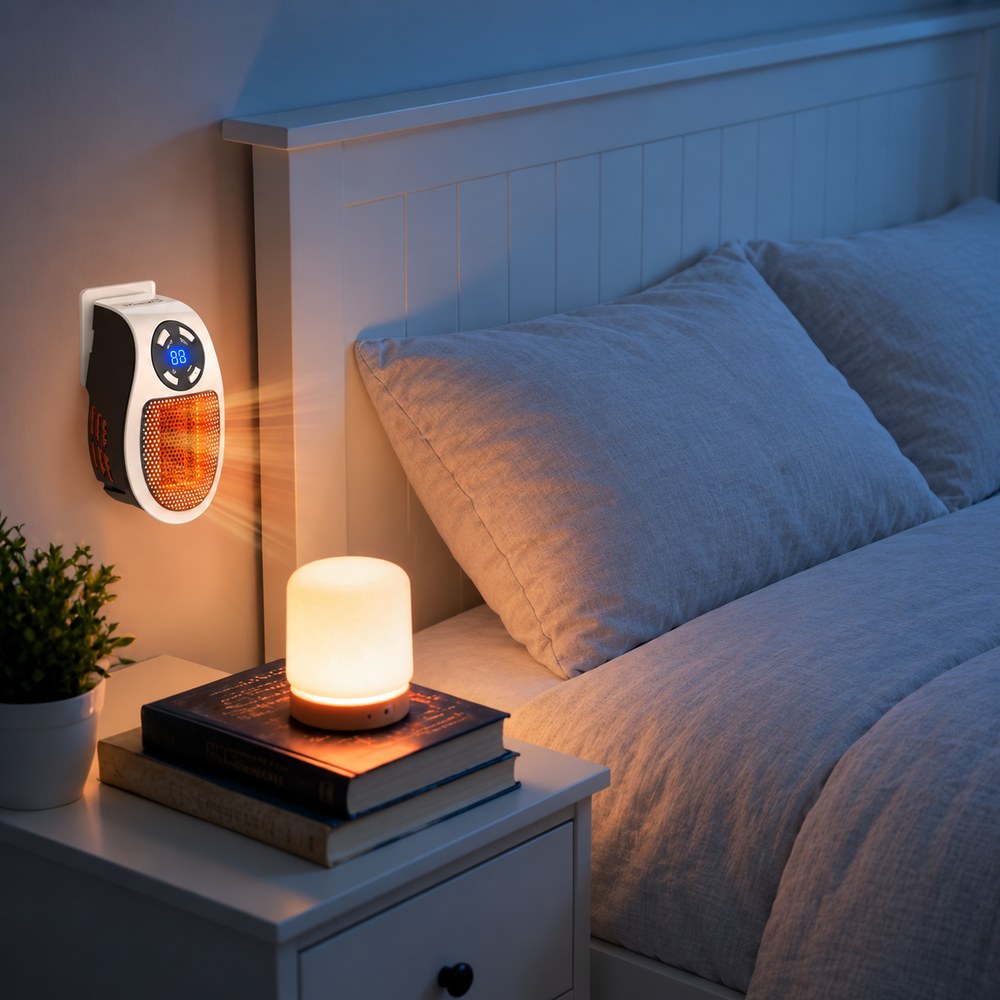 The Pomence Wall Outlet Heater glowing on a bedroom wall at night above a bedside lamp