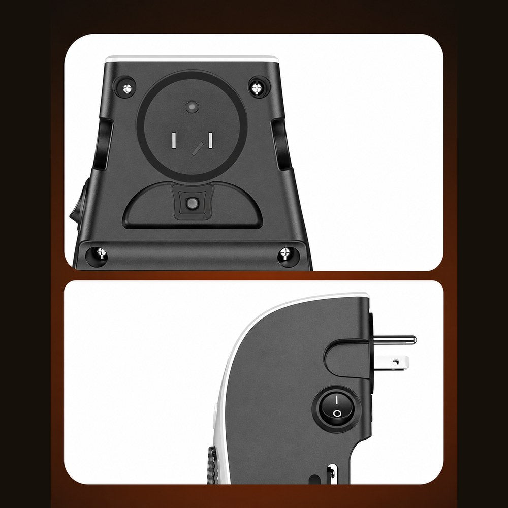 The back of the Pomence Wall Outlet Heater with its three-prong plug that turns 180 degrees, and the power switch on its side